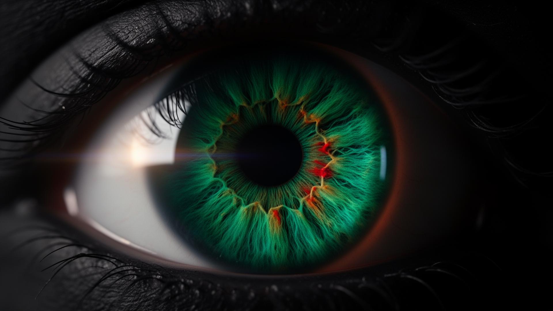 Macro close-up of a deep emerald-teal human iris with cinematic lens flare — Iris Effect Media creative studio brand visual